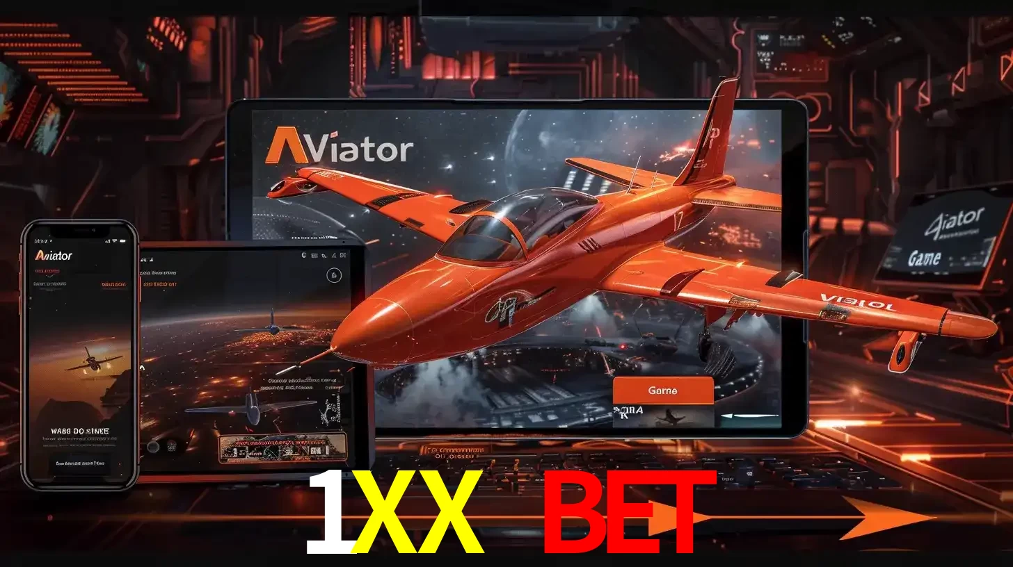 Apresentação tecnológica do jogo Aviator com um avião saindo da tela de um tablet, demonstrando a experiência imersiva em múltiplos dispositivos no 1XX BET.