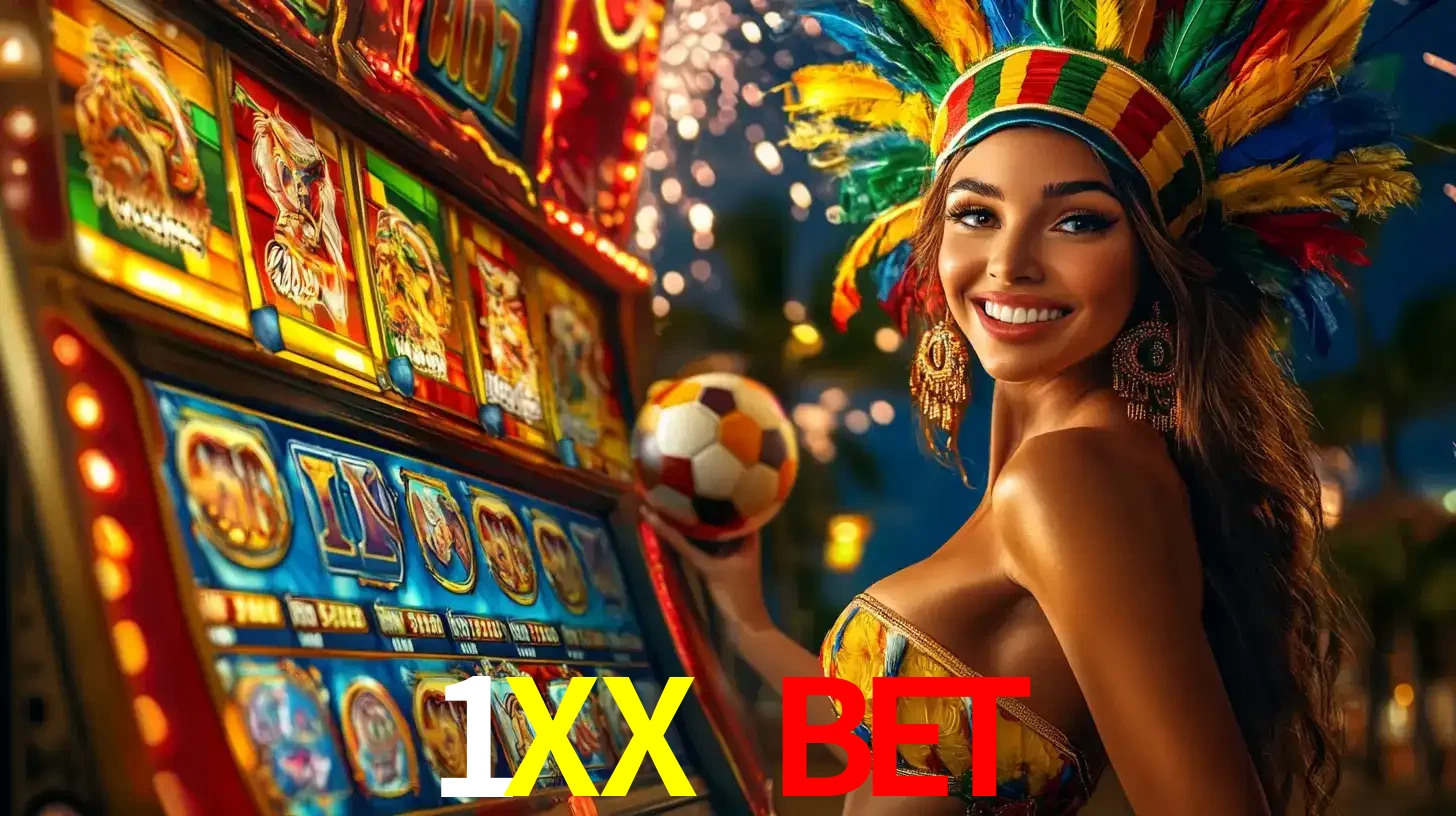 Mulher com um cocar de carnaval ao lado de uma máquina de caça-níqueis enquanto segura uma bola de futebol, mostrando a união da diversão de cassino e esportes no 1XX BET.
