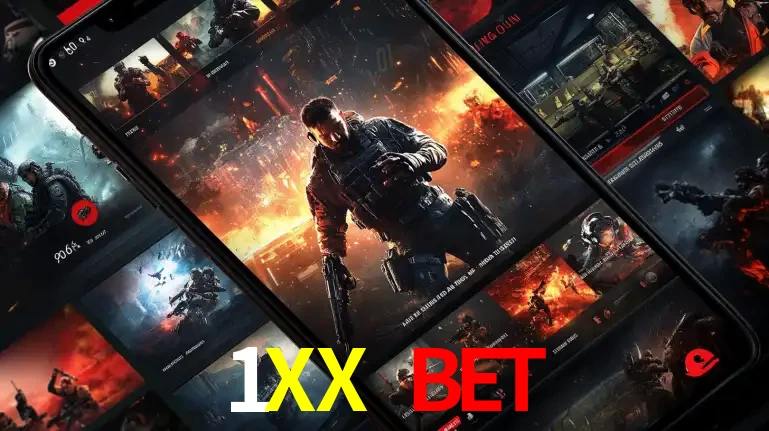 Tela de um celular exibindo uma galeria de jogos de tiro com temática militar, mostrando a variedade de e-sports disponíveis para apostas na plataforma de entretenimento 1XX BET.