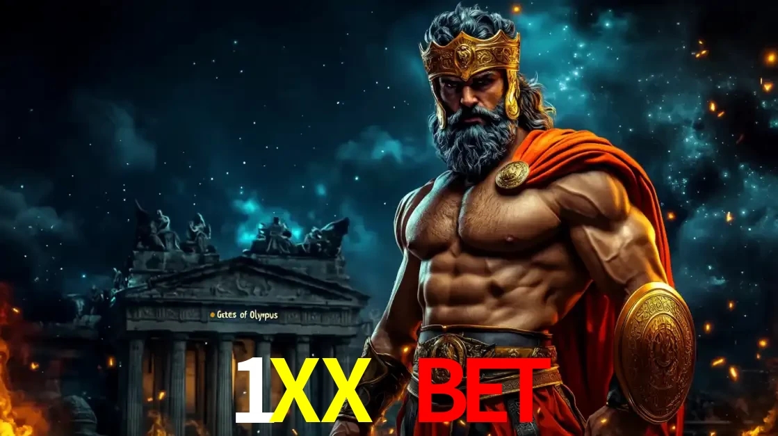 O poderoso Zeus do jogo de slot Gates of Olympus em frente ao seu templo, pronto para lançar multiplicadores divinos e prêmios épicos no cassino online 1XX BET.