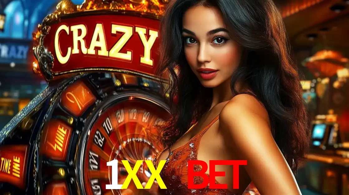 Mulher glamourosa olhando para a câmera com a roda vermelha do Crazy Time ao fundo em um ambiente de cassino, destacando a emoção dos jogos ao vivo no 1XX BET.