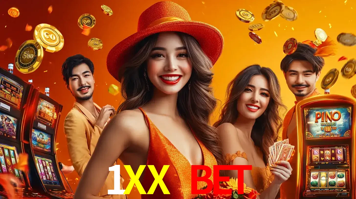 Grupo de amigos asiáticos sorrindo e se divertindo com máquinas de caça-níqueis em um ambiente festivo, celebrando suas vitórias nos jogos de cassino do 1XX BET.