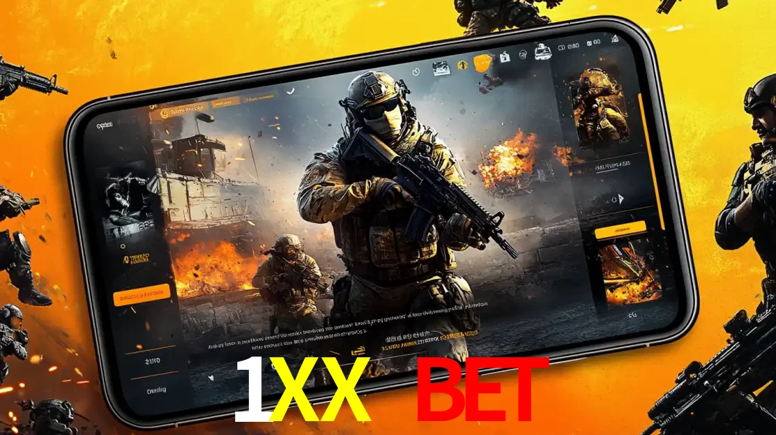 Um smartphone exibindo a interface de um jogo de tiro em primeira pessoa, com um soldado em um cenário de batalha, representando a ação dos e-sports para apostar no 1XX BET.