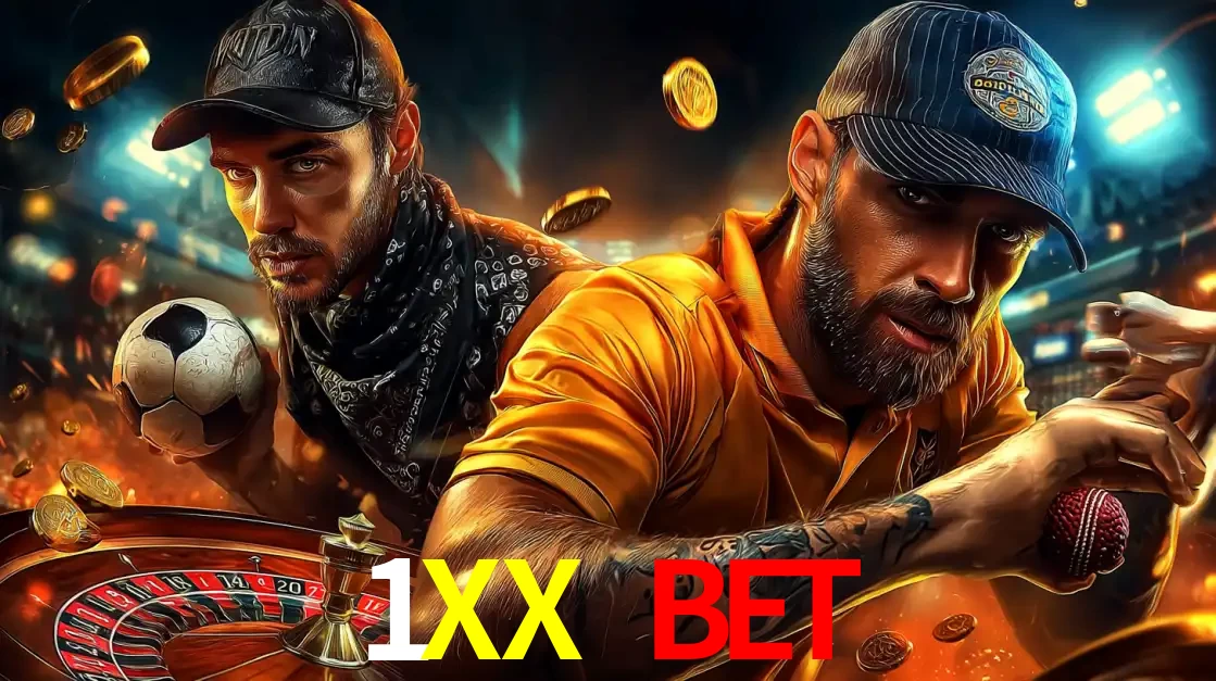 Montagem de apostas esportivas e cassino no 1XX BET, com um homem segurando uma bola de futebol e outro uma de beisebol sobre uma roleta e moedas voadoras.