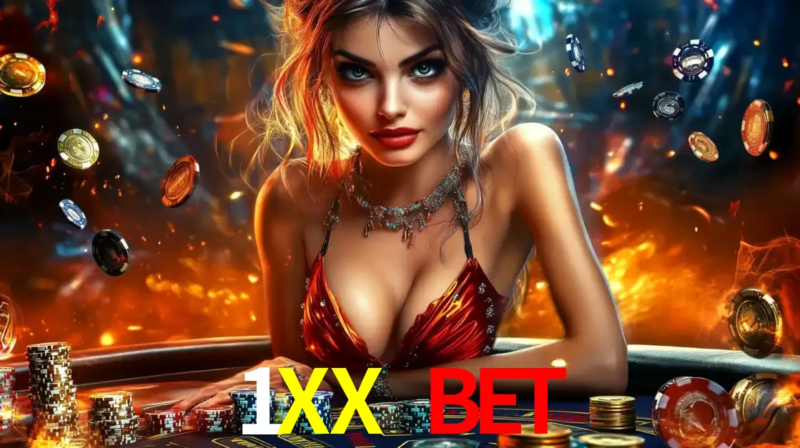 Mulher em uma mesa de cassino com pilhas de fichas e um fundo de fogo, pronta para uma rodada de altas apostas nos jogos de mesa emocionantes do cassino 1XX BET.