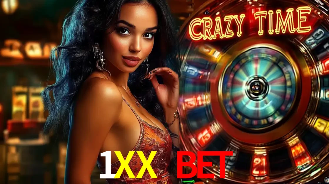 Mulher elegante ao lado da vibrante roda da fortuna do jogo de cassino ao vivo Crazy Time, um dos game shows mais populares e cheios de prêmios do 1XX BET.
