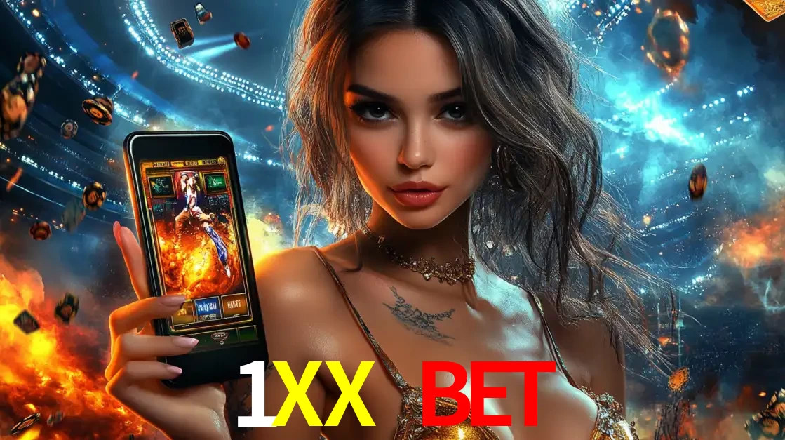 Mulher segurando um celular com um jogo de slot em destaque, tendo como fundo um estádio vibrante, simbolizando a emoção de jogar no cassino móvel 1XX BET.